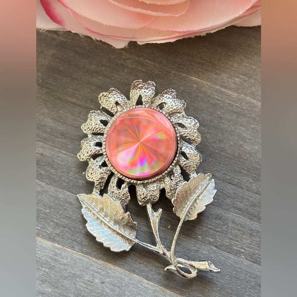 Jewelarama Flower Brooch with Pink Holographic Center, 1960s